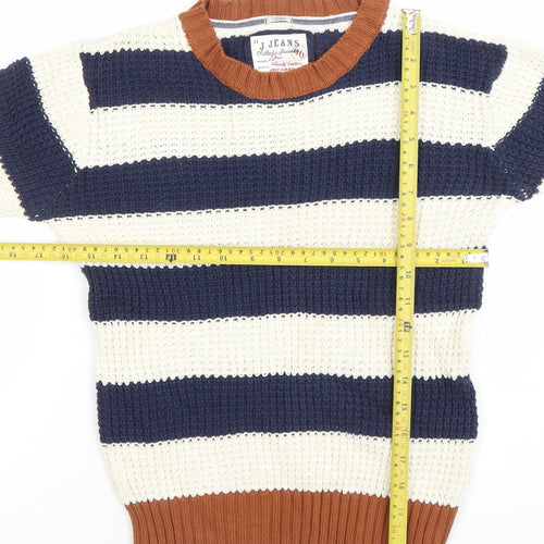 JJ Jeans Boys Blue & Ivory Striped Knit Jumper Age 9-10 Cotton Crew Neck