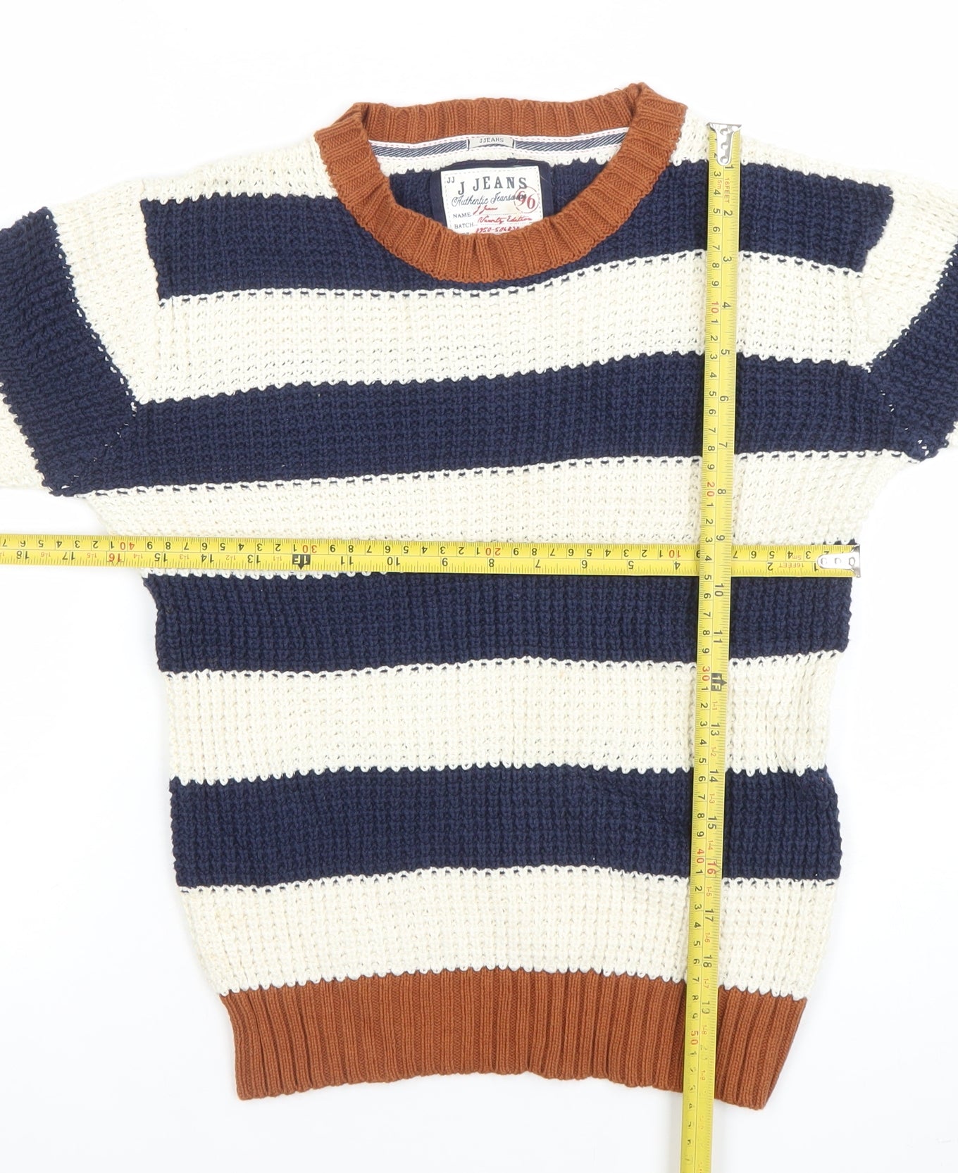 JJ Jeans Boys Blue & Ivory Striped Knit Jumper Age 9-10 Cotton Crew Neck