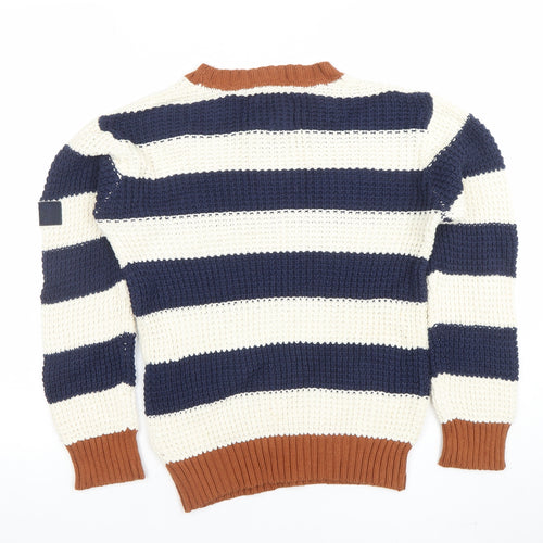 JJ Jeans Boys Blue & Ivory Striped Knit Jumper Age 9-10 Cotton Crew Neck