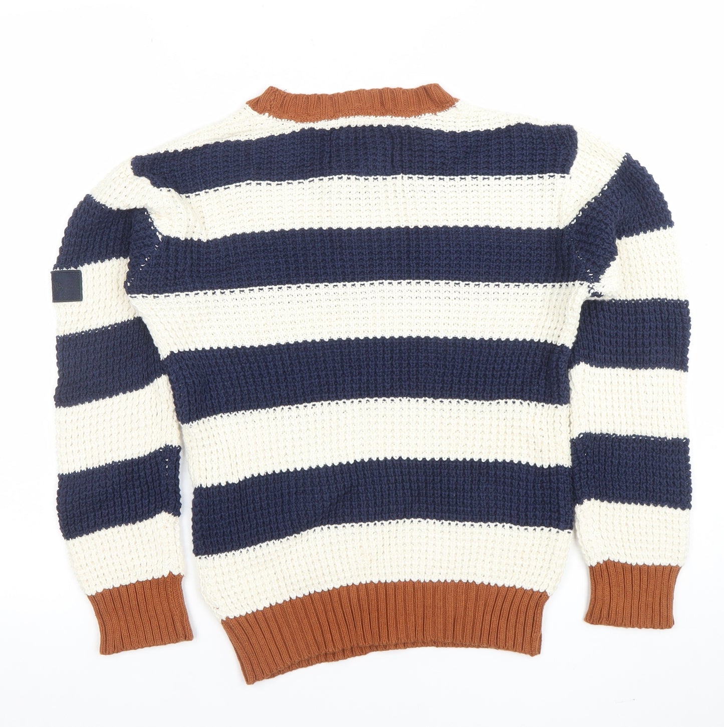 JJ Jeans Boys Blue & Ivory Striped Knit Jumper Age 9-10 Cotton Crew Neck