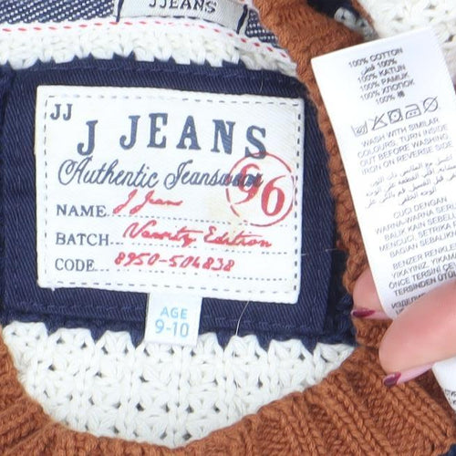 JJ Jeans Boys Blue & Ivory Striped Knit Jumper Age 9-10 Cotton Crew Neck
