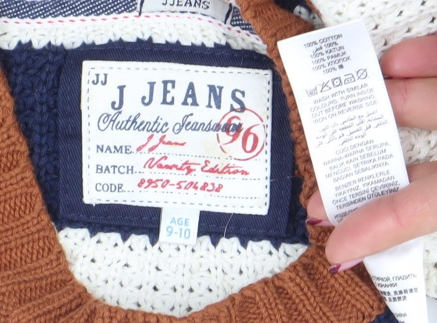 JJ Jeans Boys Blue & Ivory Striped Knit Jumper Age 9-10 Cotton Crew Neck