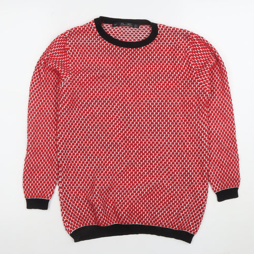Zara Women Red Geometric Knit Crew Neck Pullover Jumper Size 8