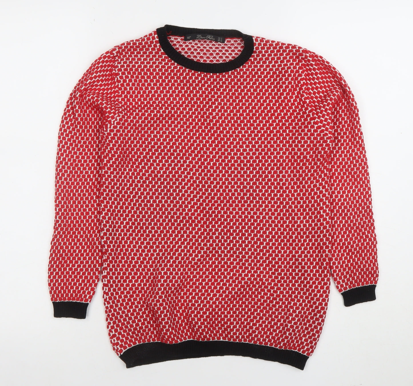 Zara Women Red Geometric Knit Crew Neck Pullover Jumper Size 8