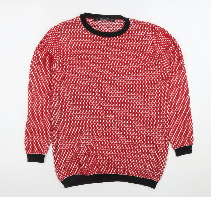 Zara Women Red Geometric Knit Crew Neck Pullover Jumper Size 8