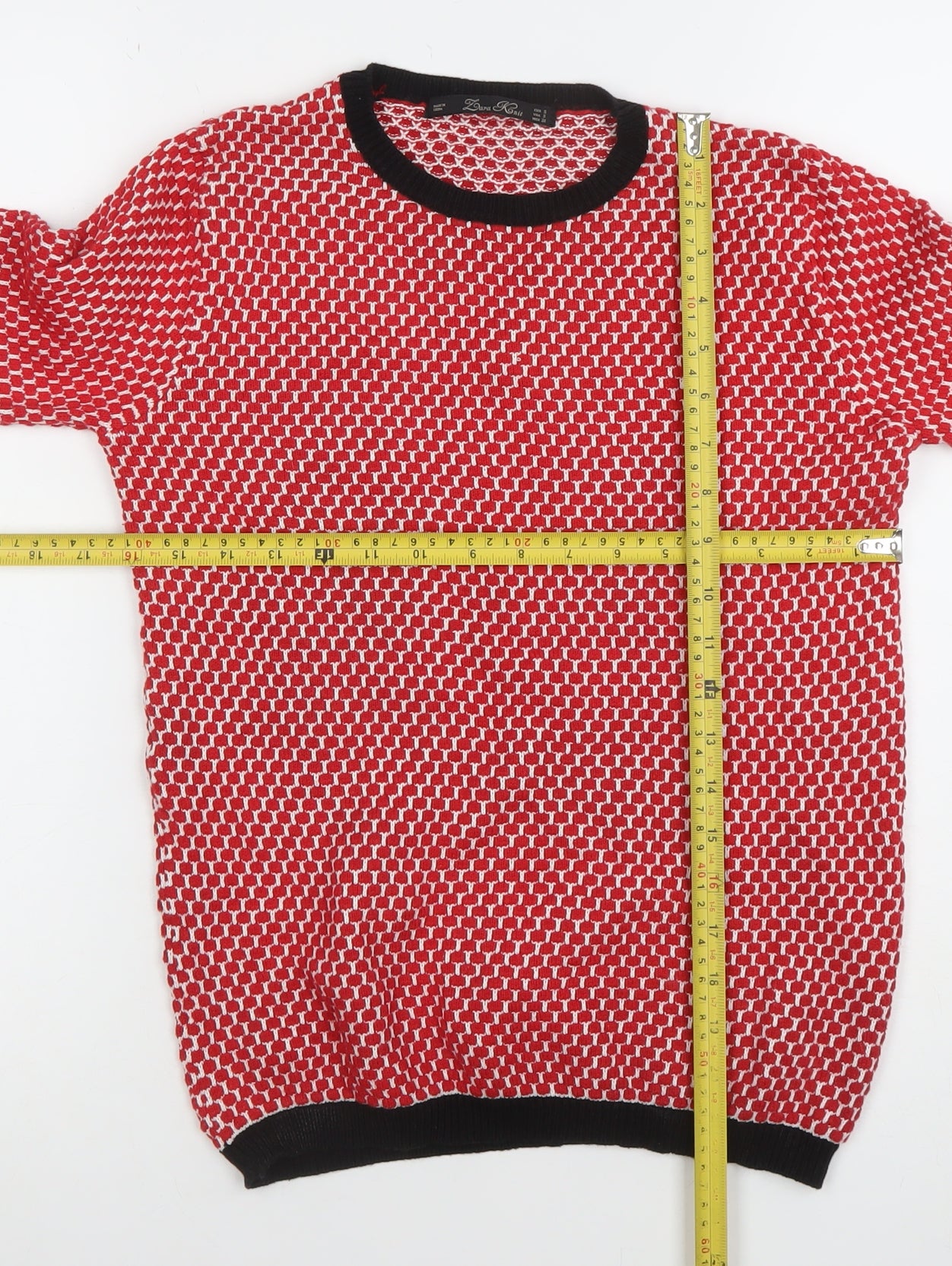 Zara Women Red Geometric Knit Crew Neck Pullover Jumper Size 8