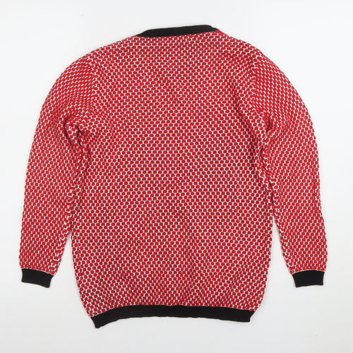 Zara Women Red Geometric Knit Crew Neck Pullover Jumper Size 8