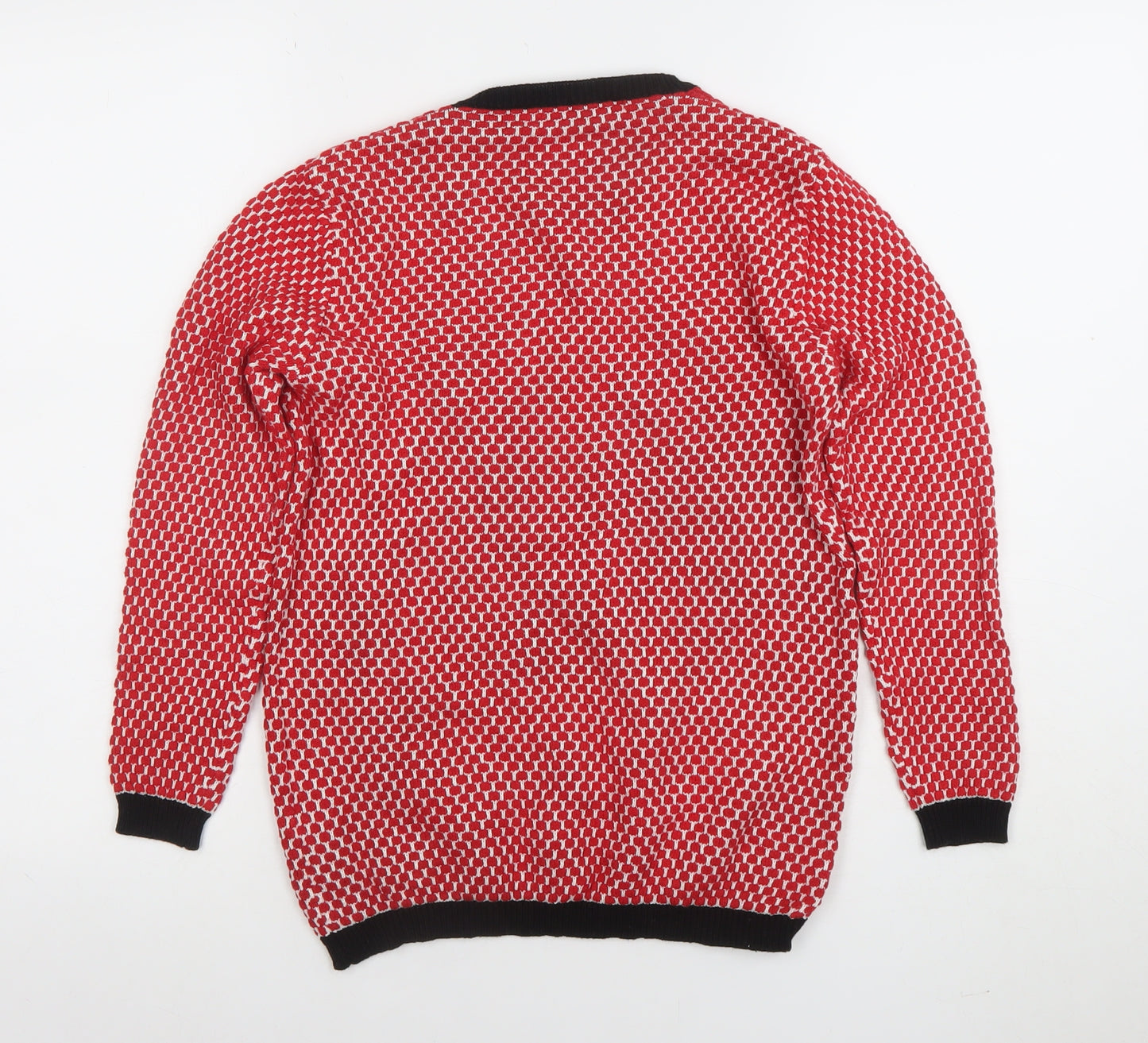 Zara Women Red Geometric Knit Crew Neck Pullover Jumper Size 8