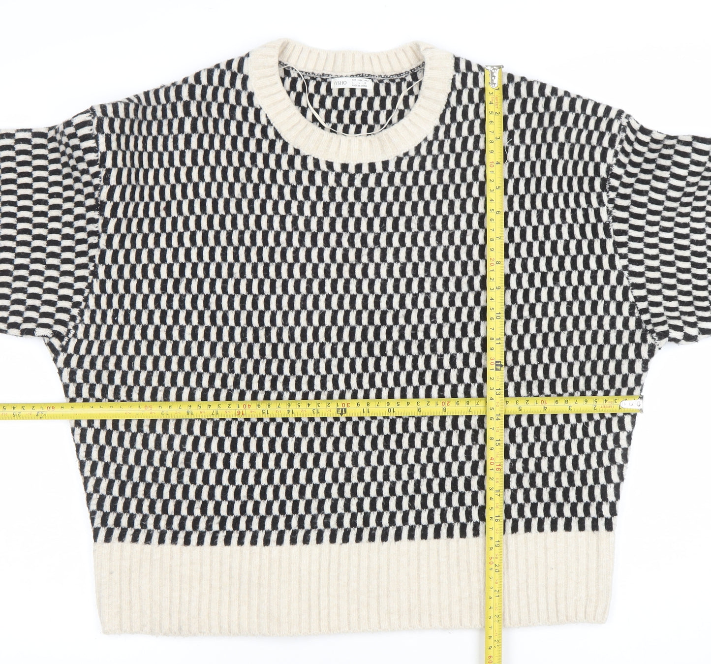 Yisho Women’s Black & White Knit Geometric Crew Neck Jumper Size L