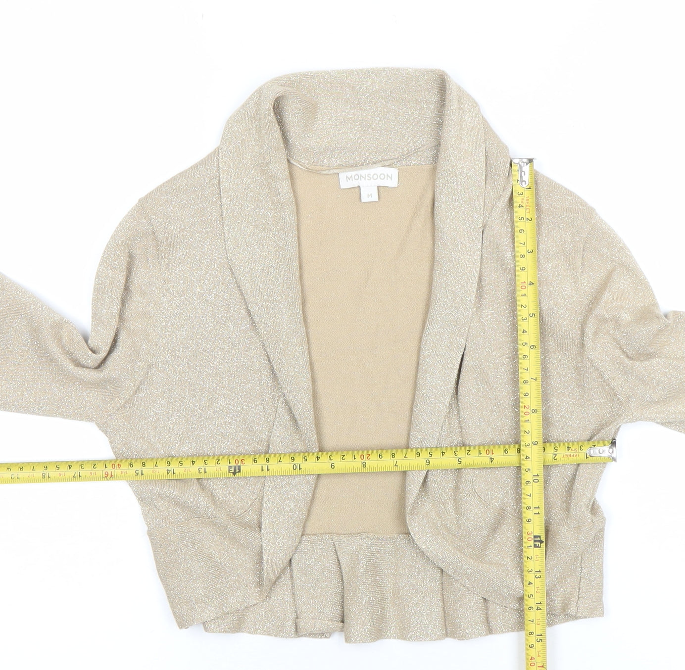 Monsoon Womens Beige Glitter Open Cardigan Size M