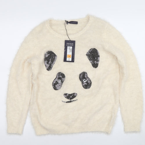 Marks and Spencer Women’s Ivory Sequin Panda Fuzzy Knit Jumper Size 10