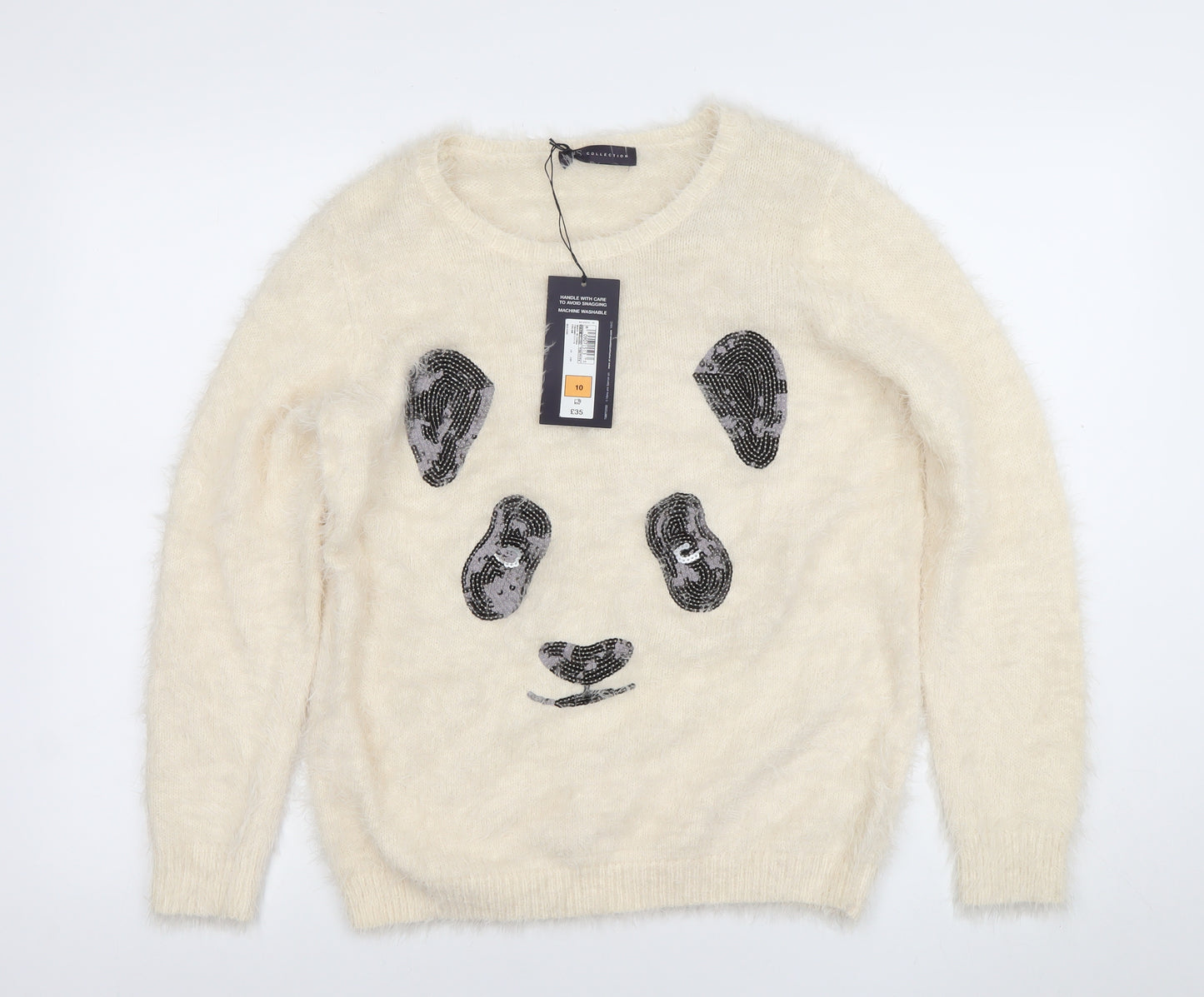 Marks and Spencer Women’s Ivory Sequin Panda Fuzzy Knit Jumper Size 10
