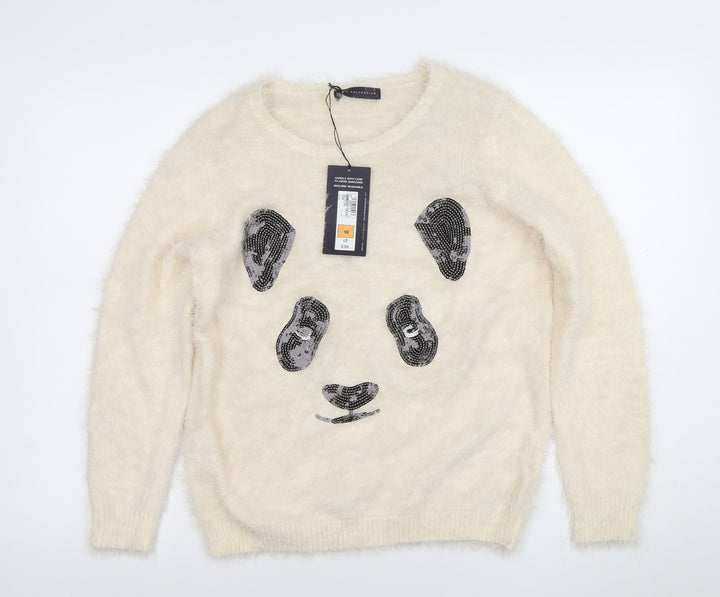 Marks and Spencer Women’s Ivory Sequin Panda Fuzzy Knit Jumper Size 10