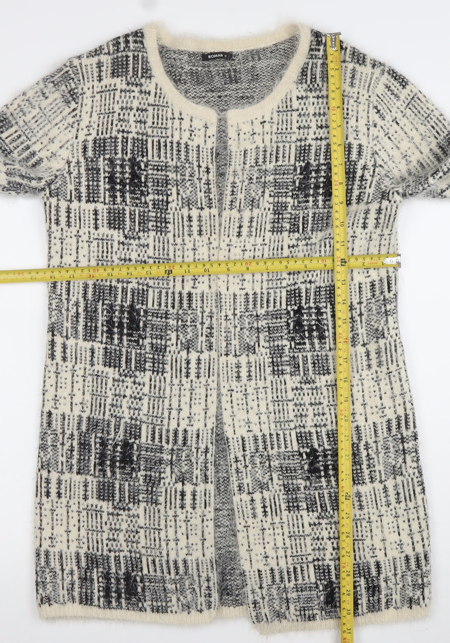 Roman Womens Grey Check Open-Knit Longline Cardigan Size 12