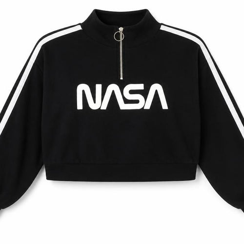H&M Divided NASA Black 1/4 Zip Sweatshirt Women L Cotton Blend