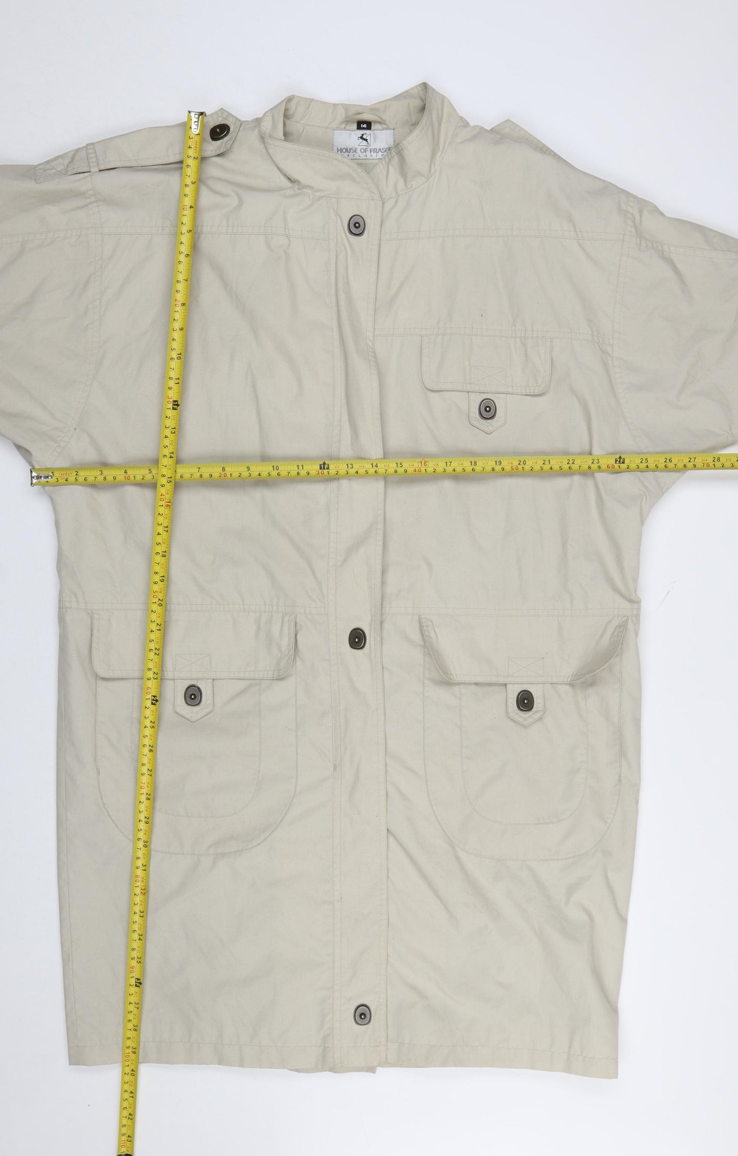 House of Fraser Women Beige Overcoat Size 14 Lined Button Twill Cotton Blend