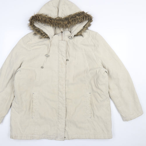 Bm Womens Beige Long Parka Coat L Hooded Faux Fur Trim Zip Casual