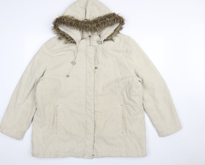 Bm Womens Beige Long Parka Coat L Hooded Faux Fur Trim Zip Casual
