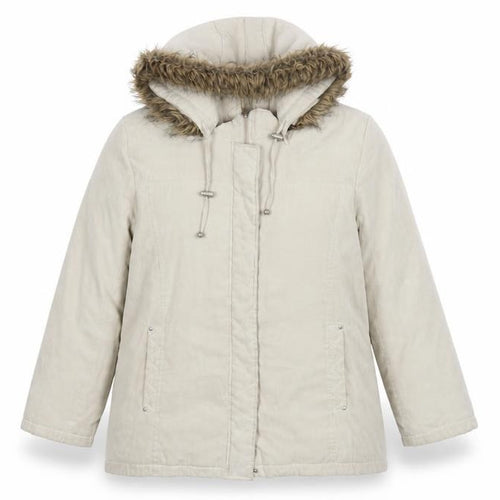 Bm Womens Beige Long Parka Coat L Hooded Faux Fur Trim Zip Casual