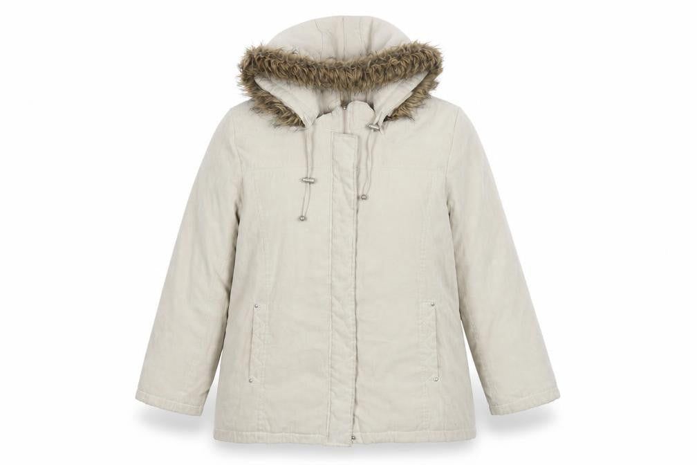 Bm Womens Beige Long Parka Coat L Hooded Faux Fur Trim Zip Casual
