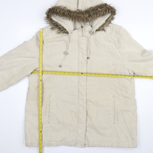 Bm Womens Beige Long Parka Coat L Hooded Faux Fur Trim Zip Casual