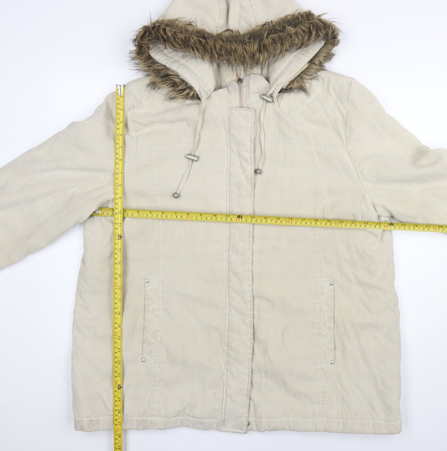 Bm Womens Beige Long Parka Coat L Hooded Faux Fur Trim Zip Casual