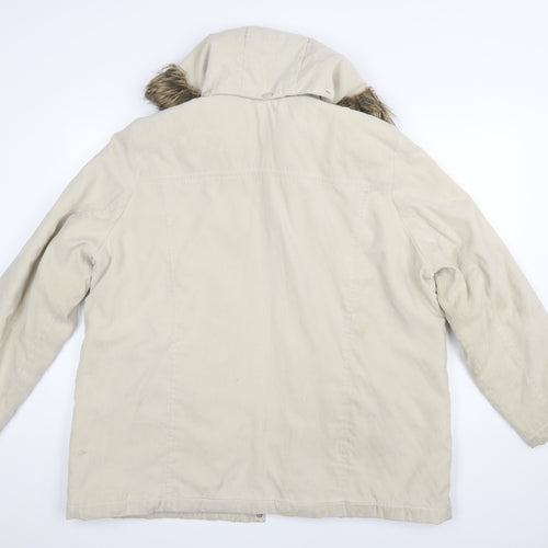 Bm Womens Beige Long Parka Coat L Hooded Faux Fur Trim Zip Casual