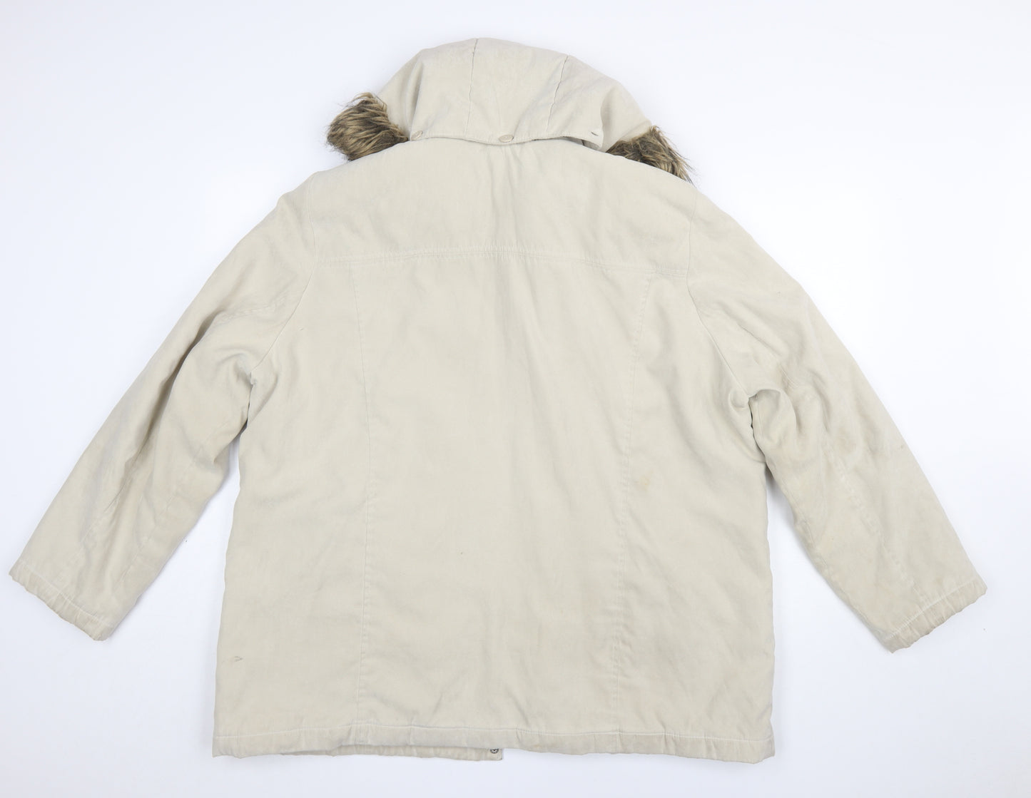 Bm Womens Beige Long Parka Coat L Hooded Faux Fur Trim Zip Casual