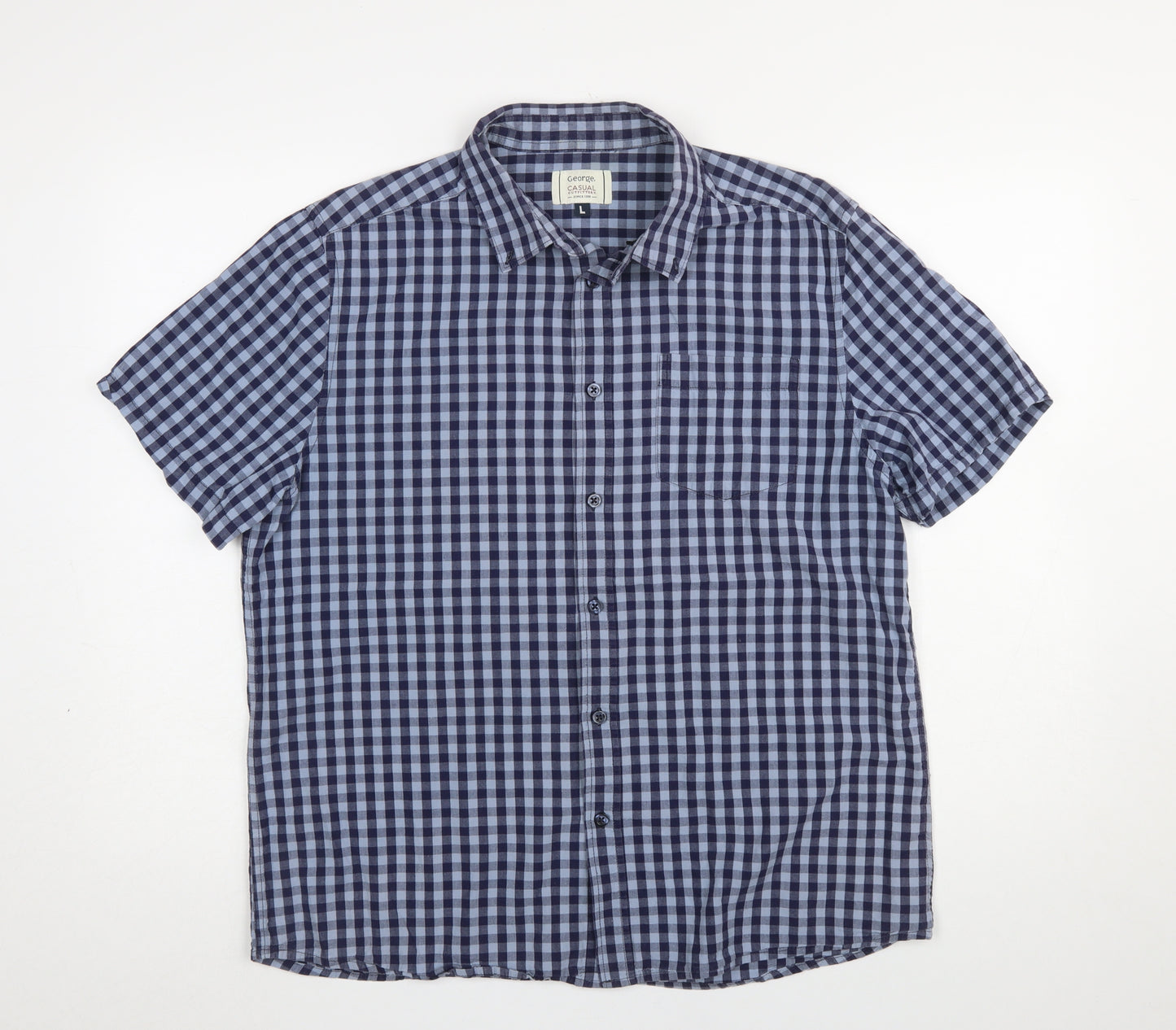 George Mens Blue Check Short Sleeve Cotton Button-Up Shirt L