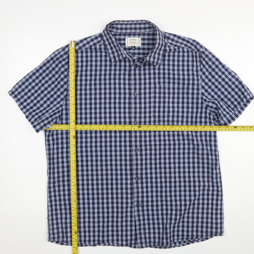 George Mens Blue Check Short Sleeve Cotton Button-Up Shirt L