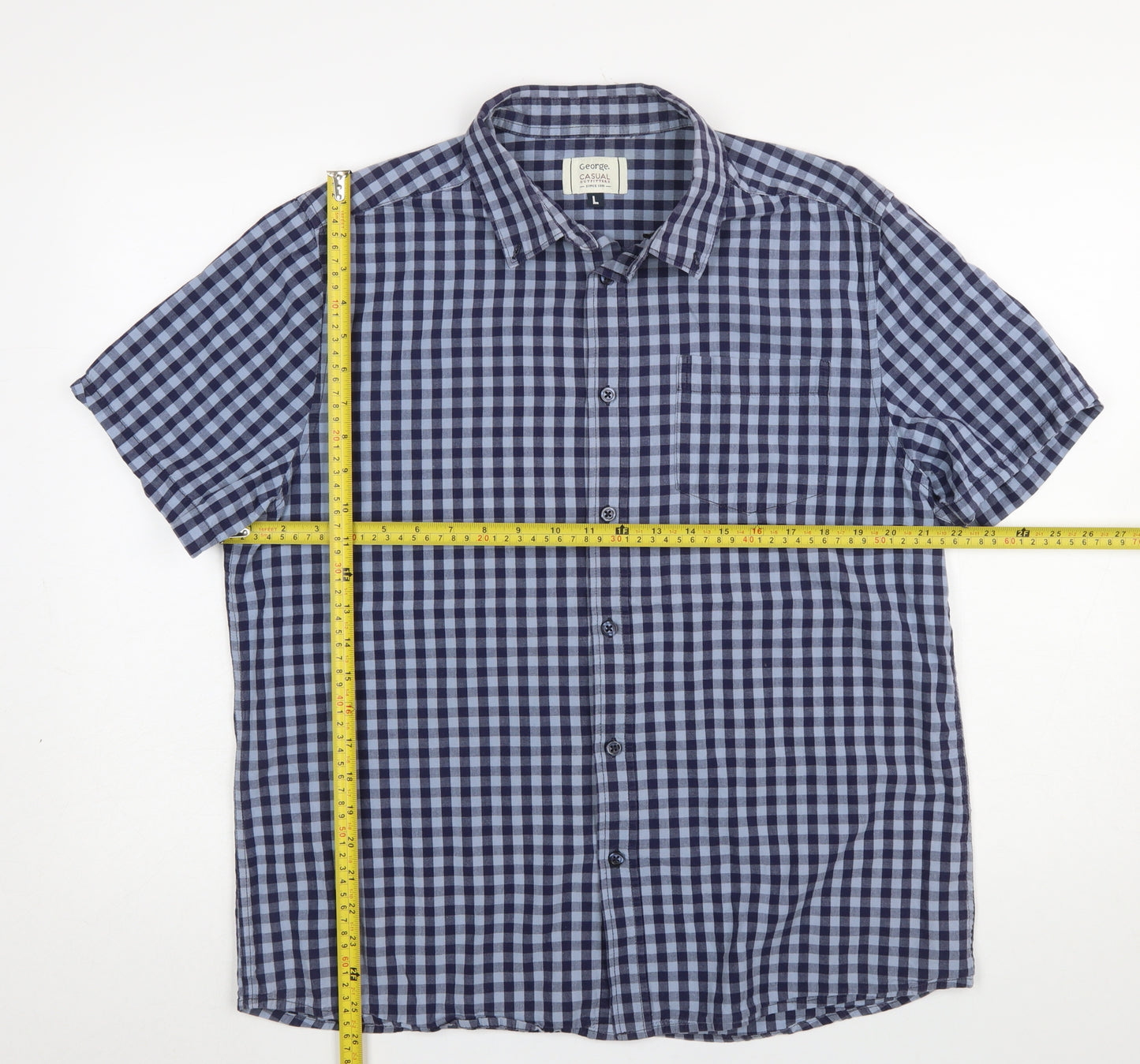 George Mens Blue Check Short Sleeve Cotton Button-Up Shirt L