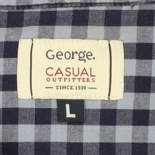 George Mens Blue Check Short Sleeve Cotton Button-Up Shirt L