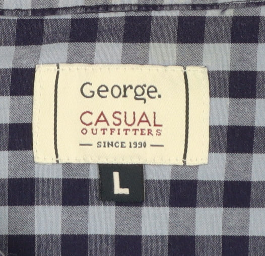 George Mens Blue Check Short Sleeve Cotton Button-Up Shirt L