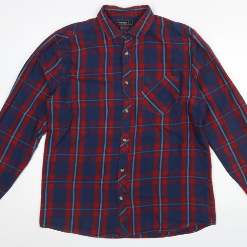 Peacocks Men’s Red Blue Check Long Sleeve Regular Fit Cotton Shirt L