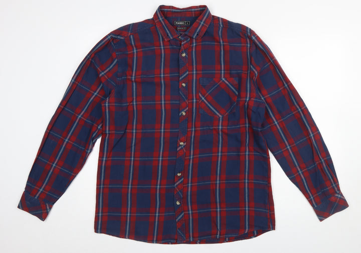 Peacocks Men’s Red Blue Check Long Sleeve Regular Fit Cotton Shirt L