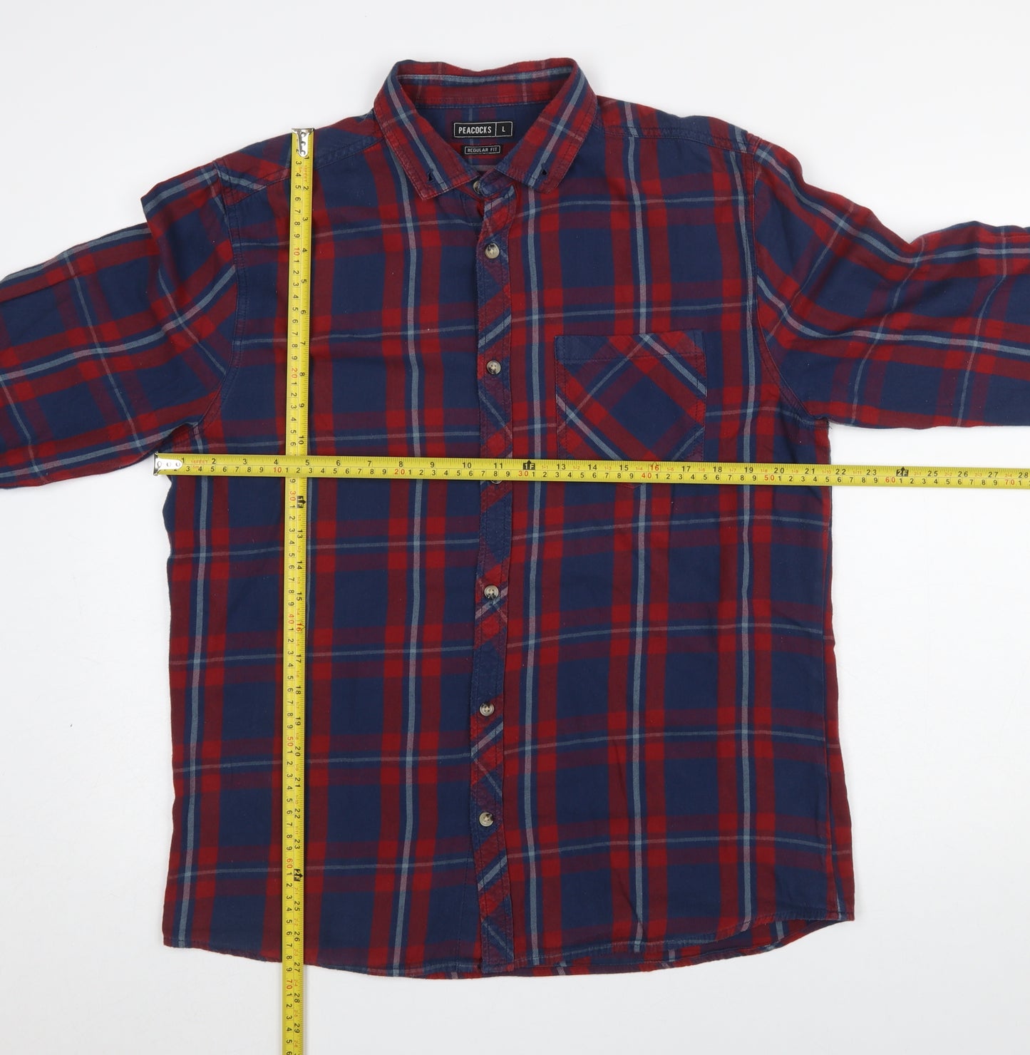 Peacocks Men’s Red Blue Check Long Sleeve Regular Fit Cotton Shirt L