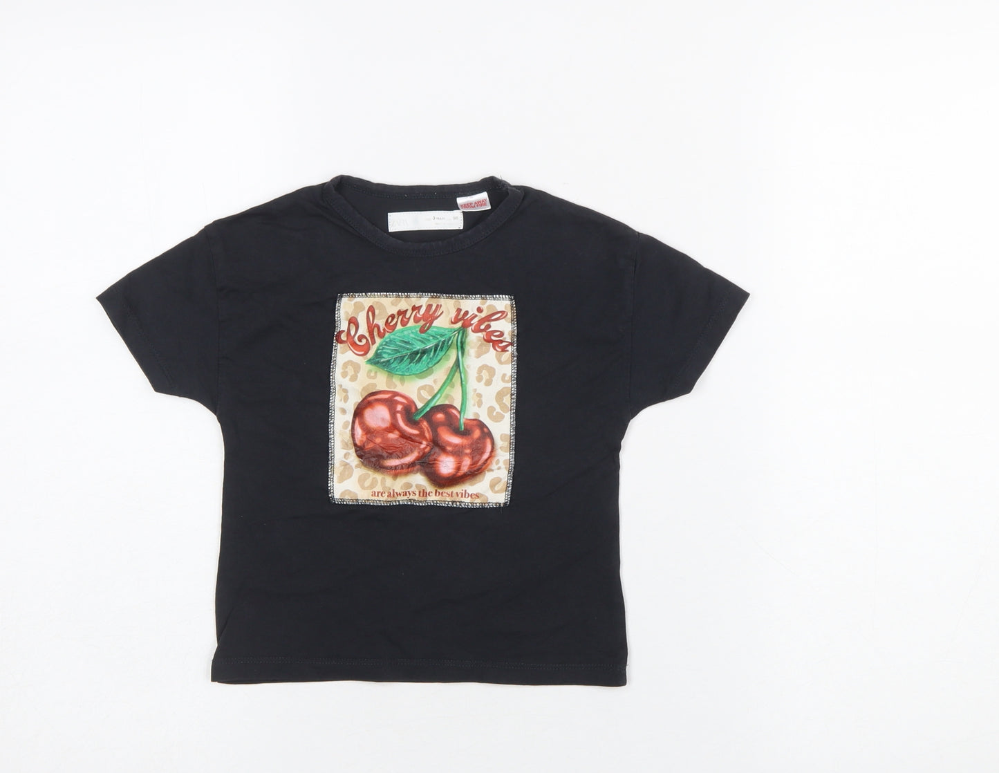 ZARA Girls Black Cherry Vibes Graphic Cotton T-Shirt 3 Years
