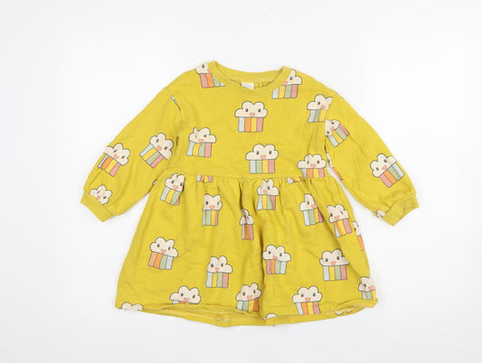 Next Girls Yellow Cartoon Cloud Long Sleeve Skater Dress 3-4 Years