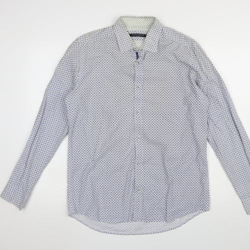 Guide London Men's Blue Geometric Slim Fit Long Sleeve Cotton Shirt Size L