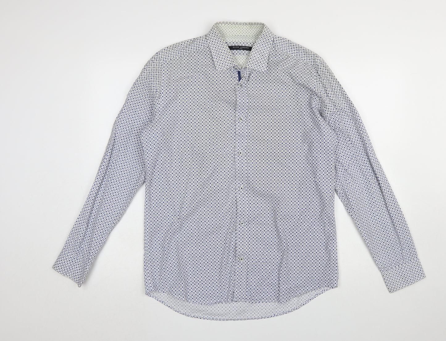 Guide London Men's Blue Geometric Slim Fit Long Sleeve Cotton Shirt Size L