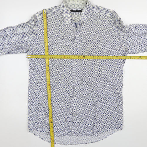 Guide London Men's Blue Geometric Slim Fit Long Sleeve Cotton Shirt Size L