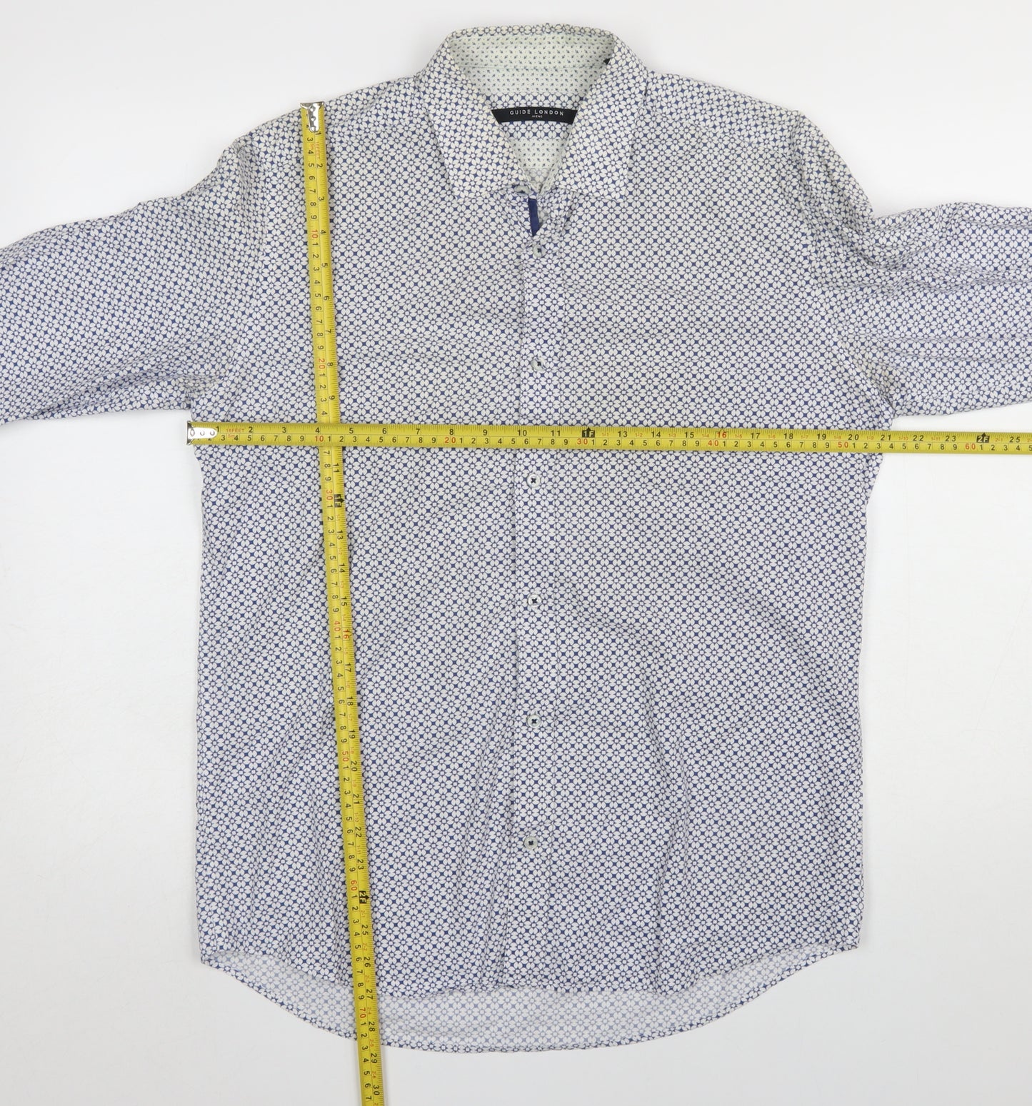 Guide London Men's Blue Geometric Slim Fit Long Sleeve Cotton Shirt Size L