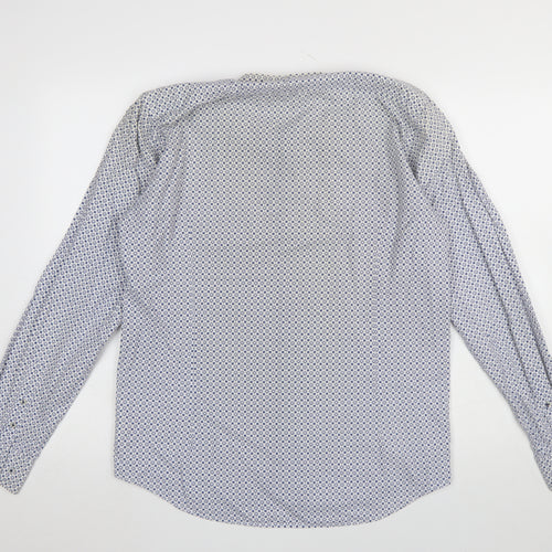 Guide London Men's Blue Geometric Slim Fit Long Sleeve Cotton Shirt Size L