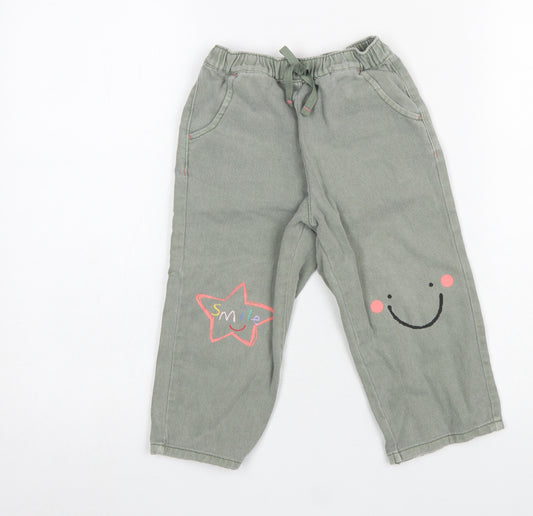 Next Girls Green Smiley Star Jogger Trousers 2-3 Years Cotton