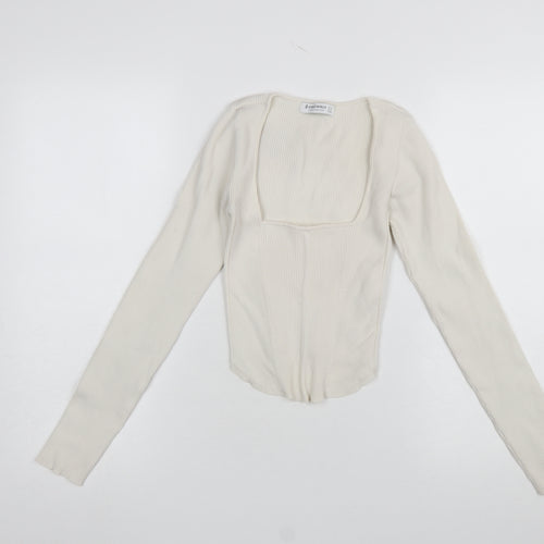 Stradivarius Women’s Ivory Long Sleeve Cropped Knit Blouse Size S