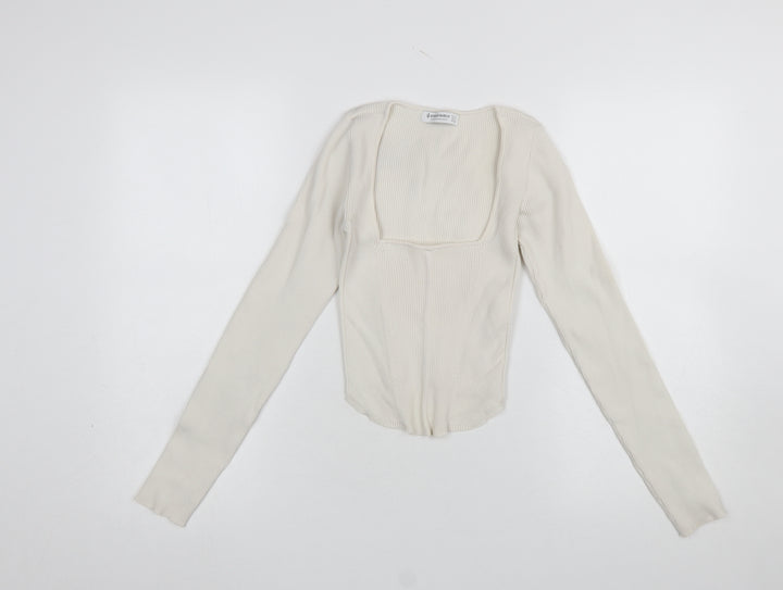 Stradivarius Women’s Ivory Long Sleeve Cropped Knit Blouse Size S