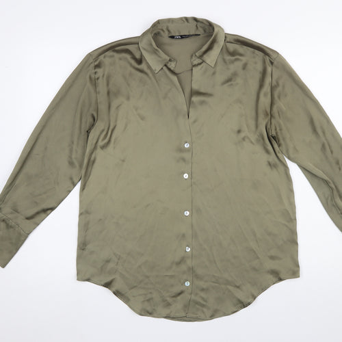 Zara Women Green Satin Button-Up Collared Shirt Size S