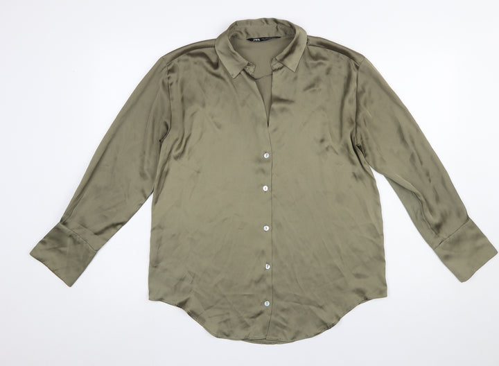 Zara Women Green Satin Button-Up Collared Shirt Size S