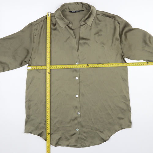 Zara Women Green Satin Button-Up Collared Shirt Size S