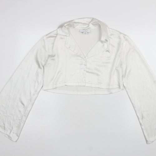 Labelrail Women’s White Cropped Satin Blouse UK 8 Long Sleeve Classic